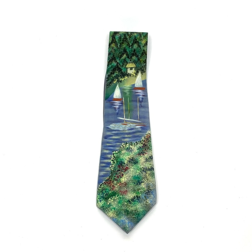 Rare Boston Museum Of Fine Arts Nature Lake Sailboat Hand Painted 100% Silk Tie